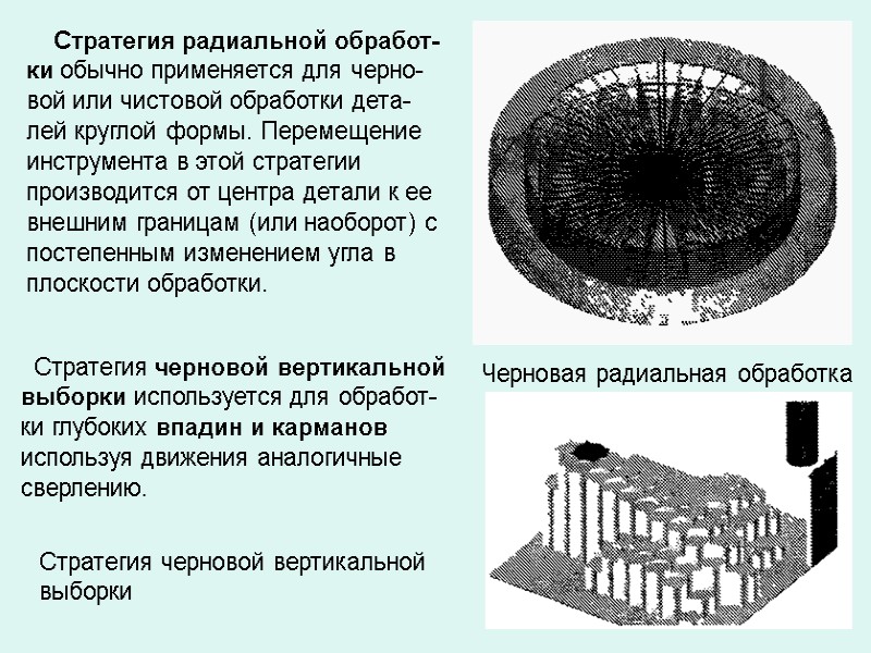 Стратегия радиальной обработ-ки обычно применяется для черно-вой или чистовой обработки дета-лей круглой формы. Перемещение Стратегия радиальной обработ-ки обычно применяется для черно-вой или чистовой обработки дета-лей круглой формы. Перемещение